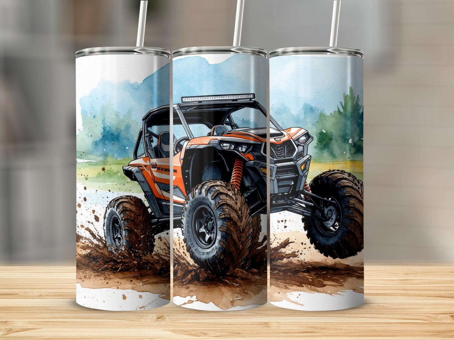 Orange off-road vehicle splashing through mud with trees and sky in background.