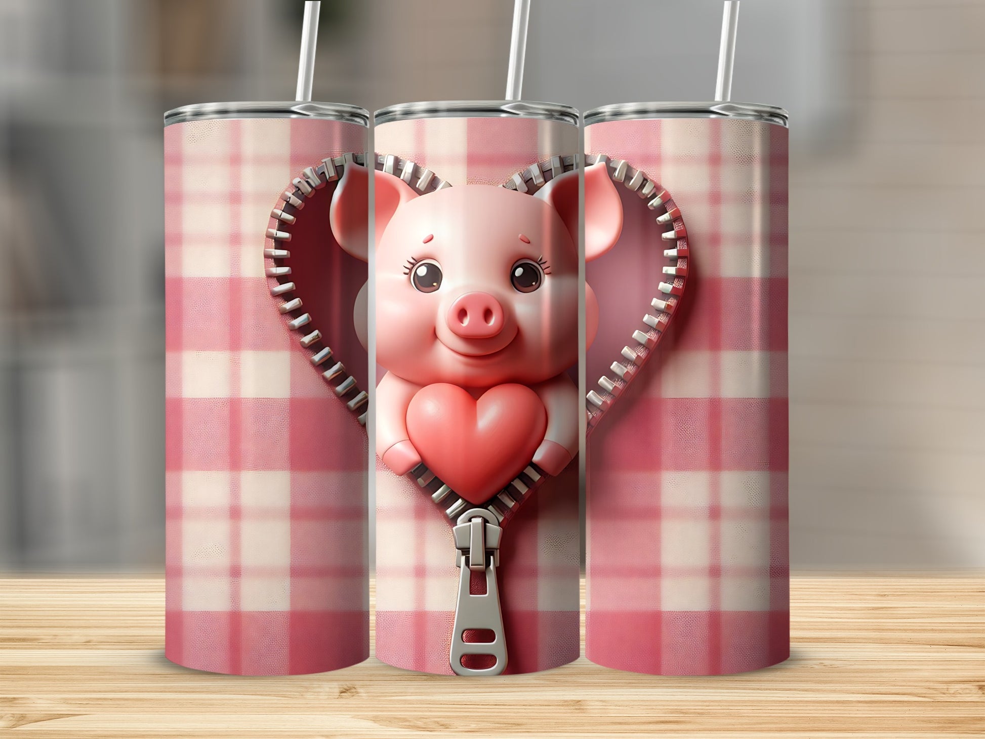 Trio of pink plaid tumblers with a zipper revealing a cartoon pig holding a heart.