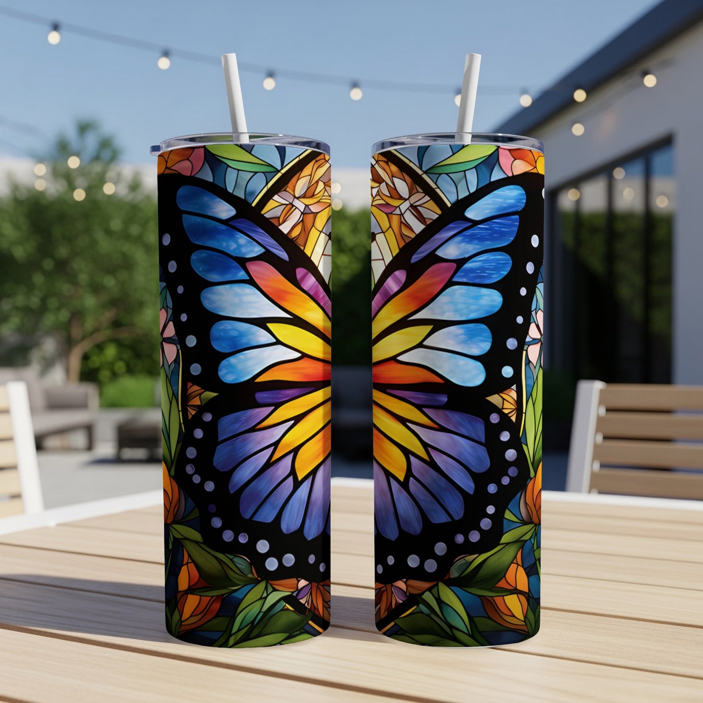 Two tumblers with a stained-glass butterfly design sit on a table.