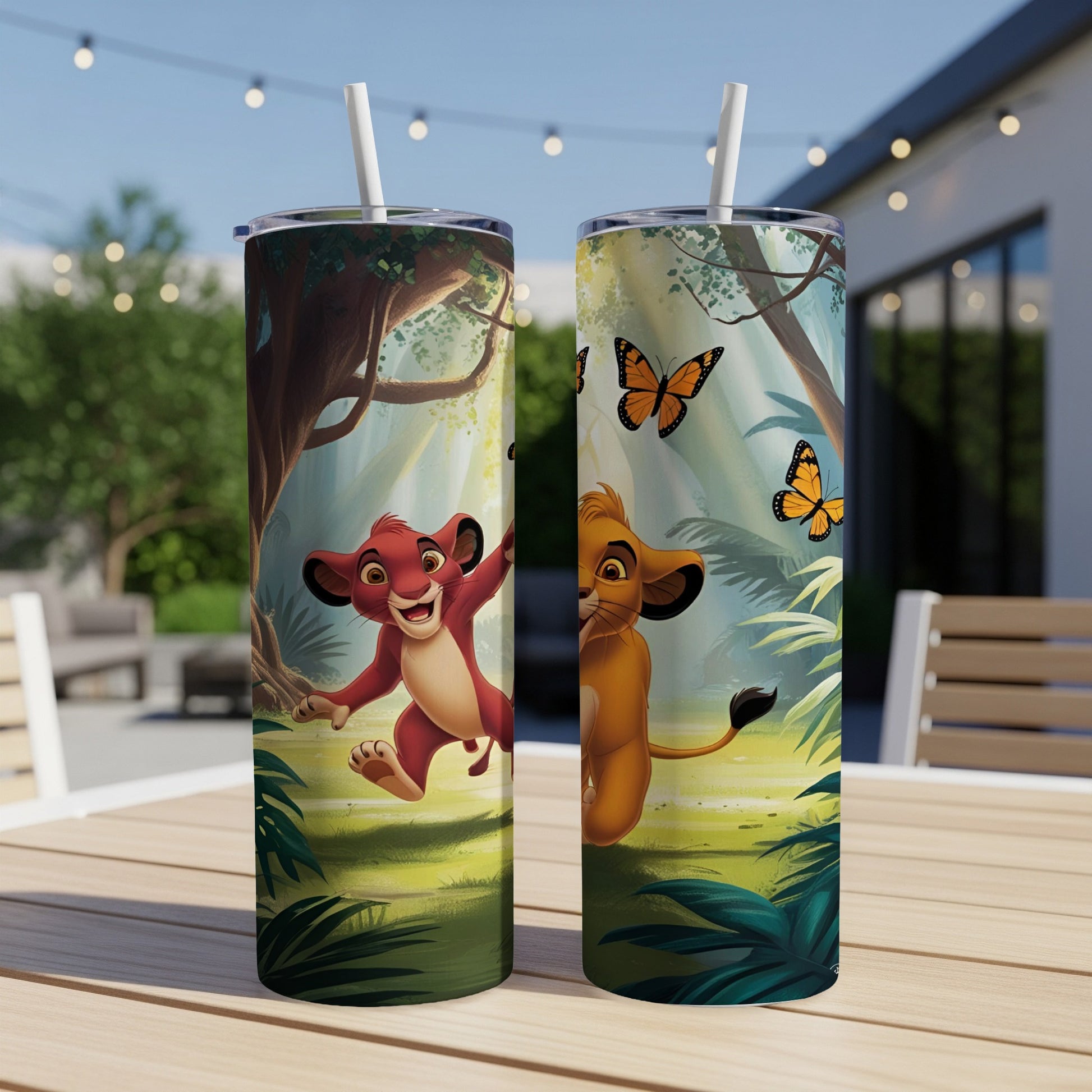Two tumblers featuring young Simba and Nala from The Lion King with butterflies.