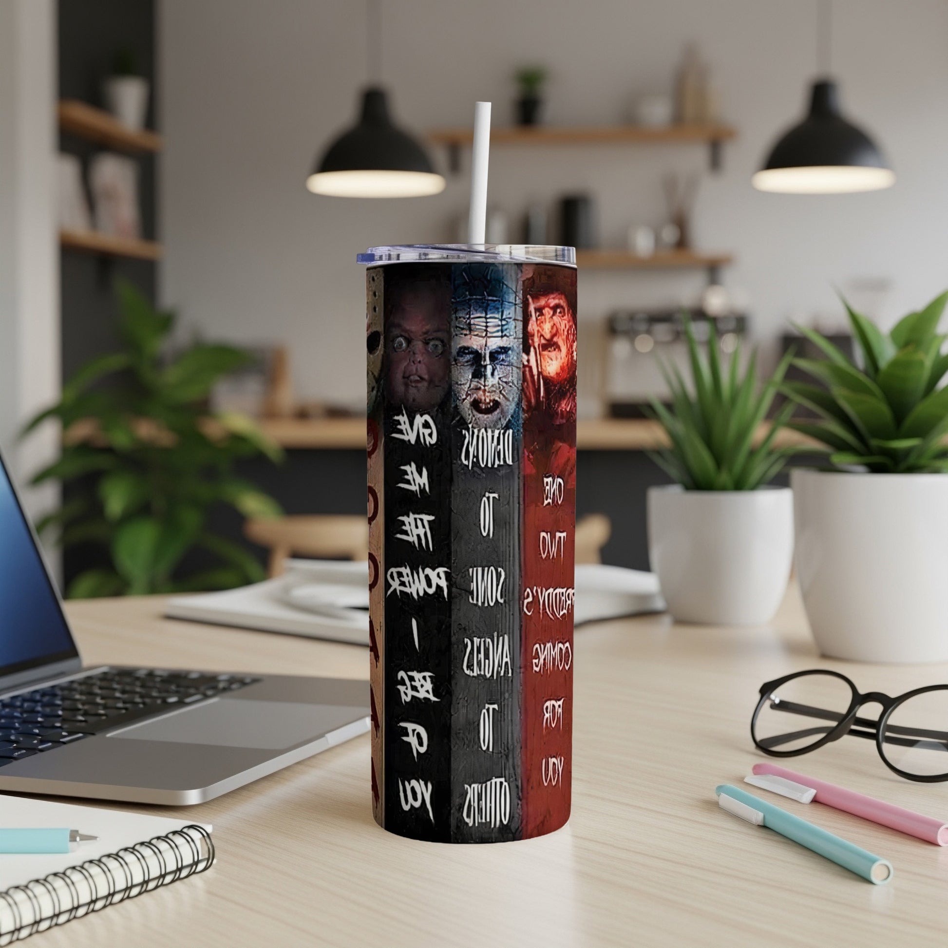 Tumbler with horror movie characters and text.