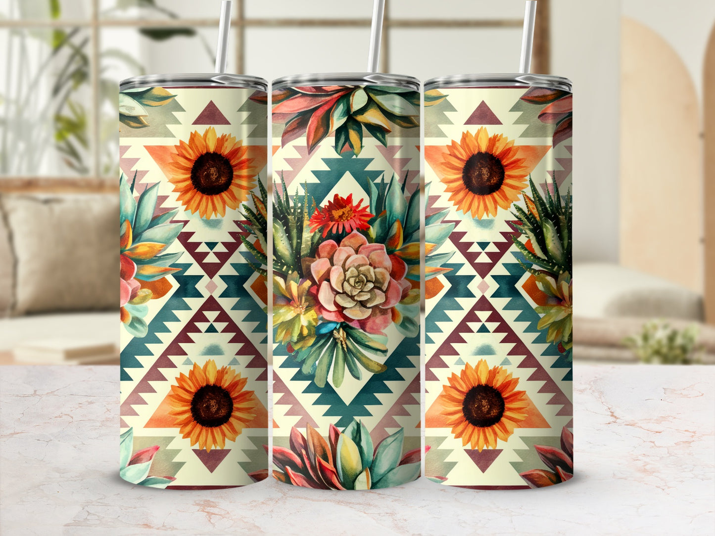 Three tumblers with sunflowers and succulents on a geometric tribal pattern.