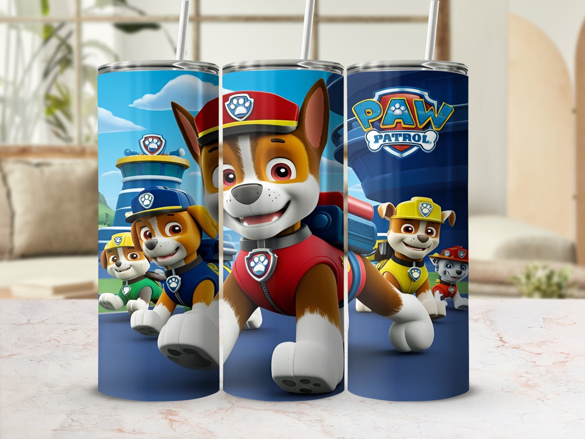 Paw Patrol tumblers featuring Chase and Ryder with character illustrations.