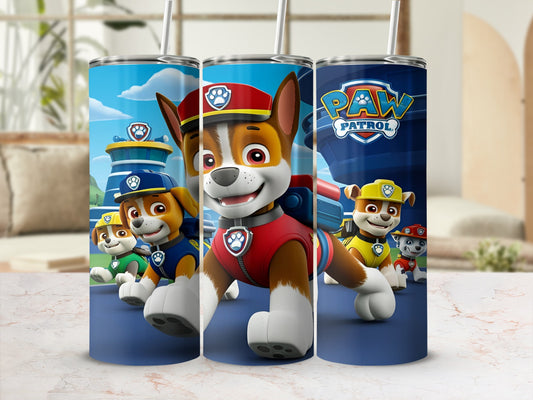 Paw Patrol tumblers featuring Chase and Ryder with character illustrations.
