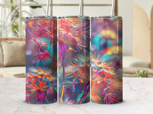Three tumblers with colorful dandelion seed heads and bokeh effect.