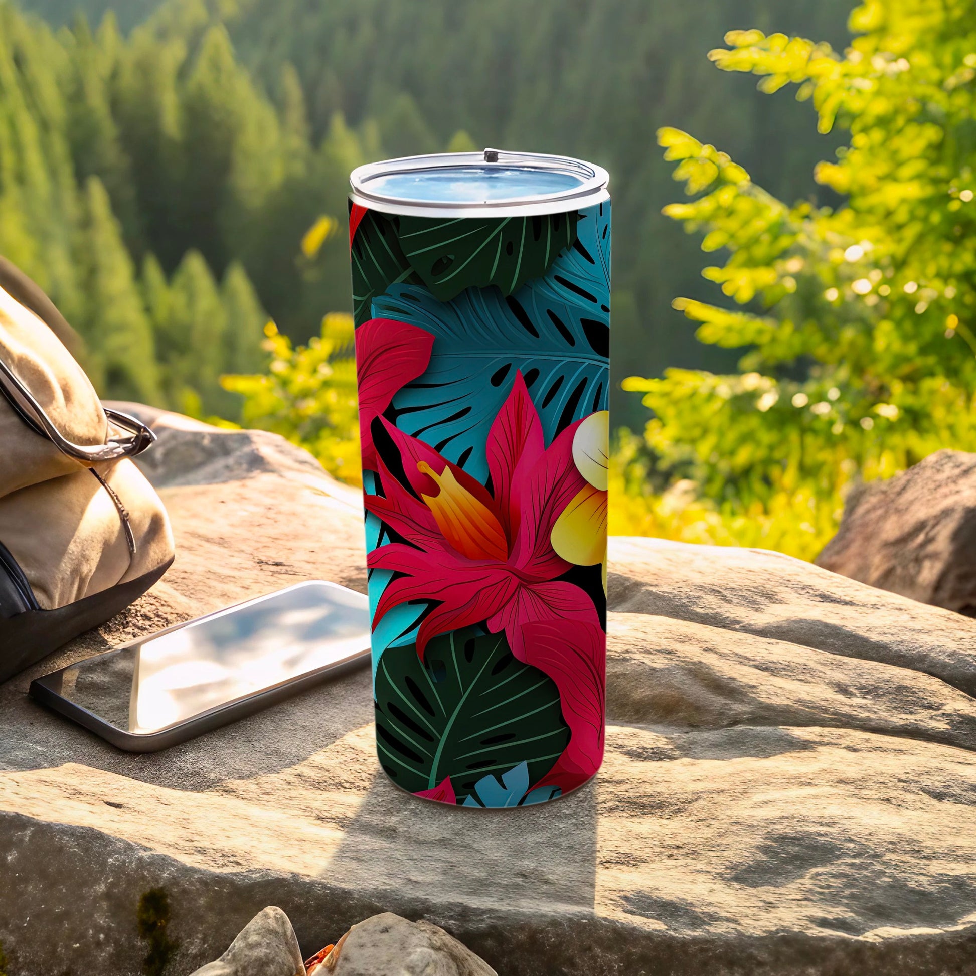 Tropical Floral Design Tumbler with Lid for Outdoor Adventures