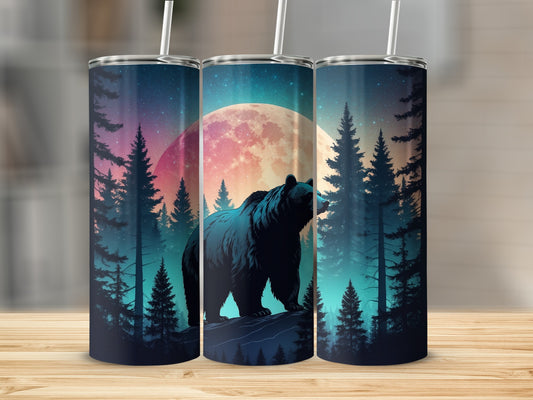 Bear on a mountain under a large moon, with pine trees.