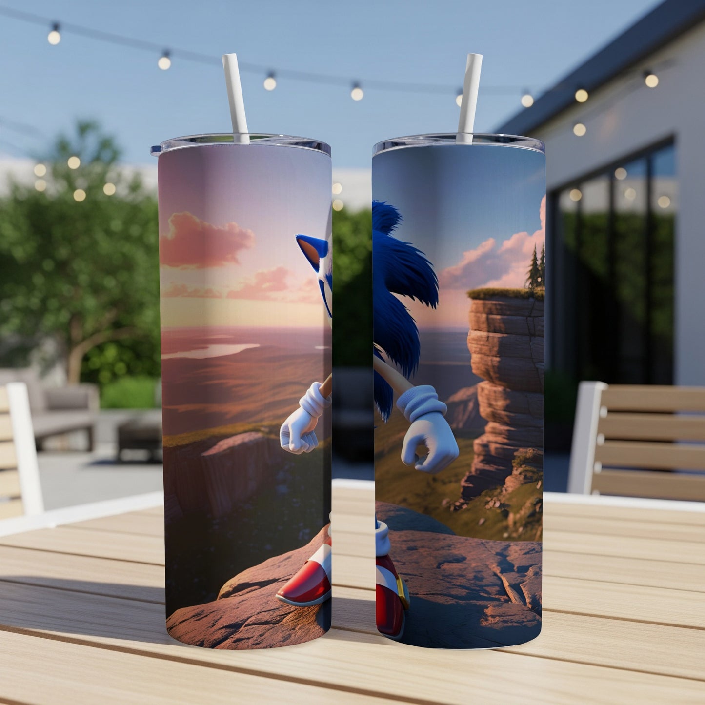 Sonic the Hedgehog character on a cliff overlooking a landscape, on a tumbler.