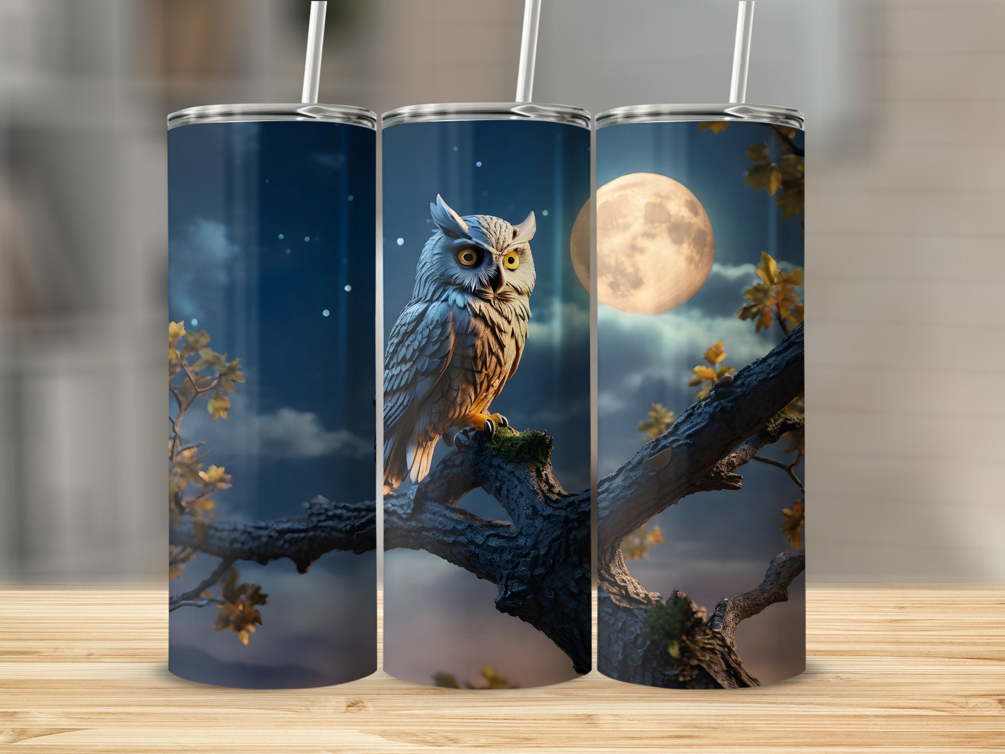 Triptych of a wise owl on a branch under a full moon.