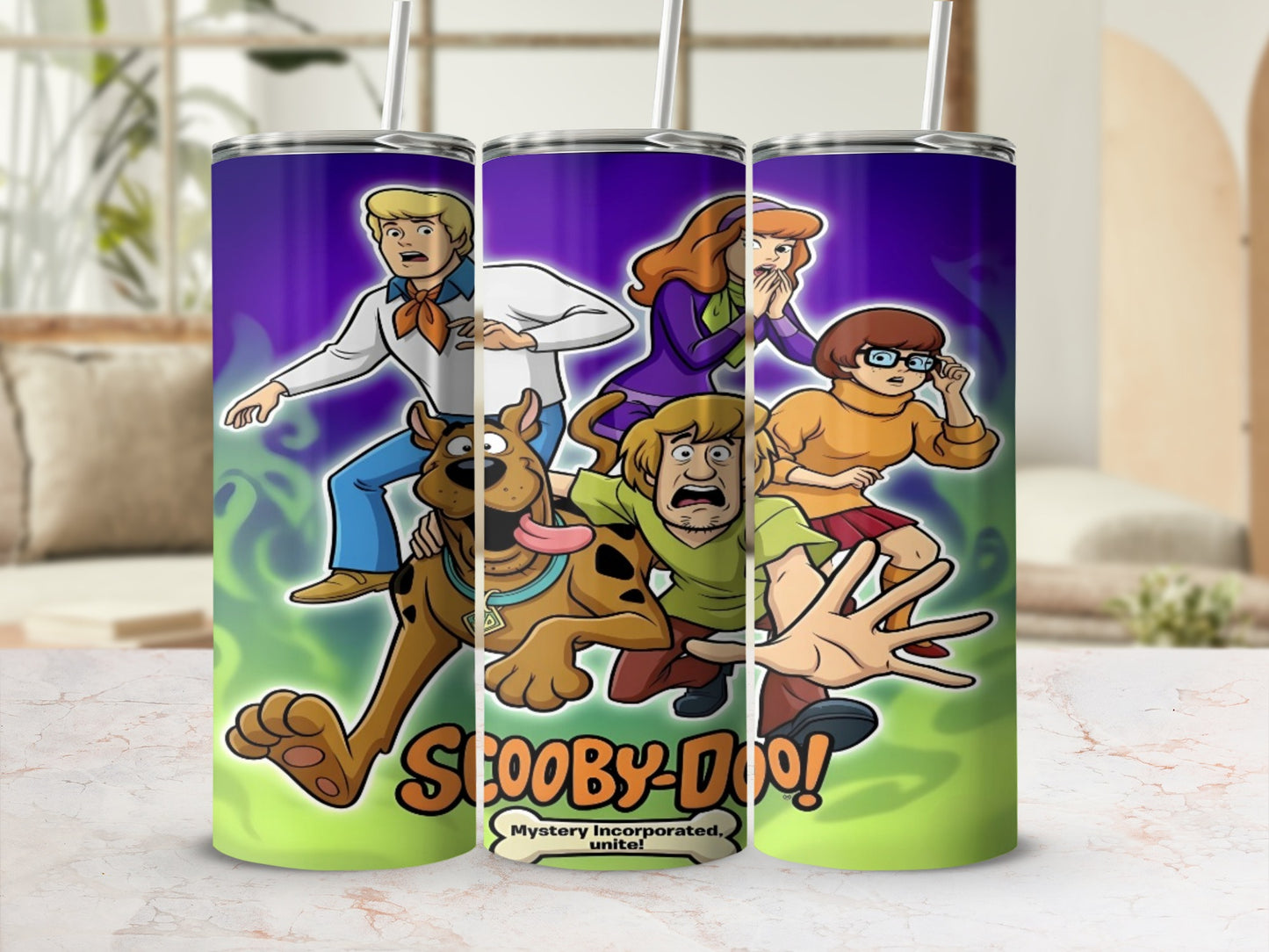 Scooby-Doo gang on a purple and green background, "Mystery Incorporated, Unite!" text.