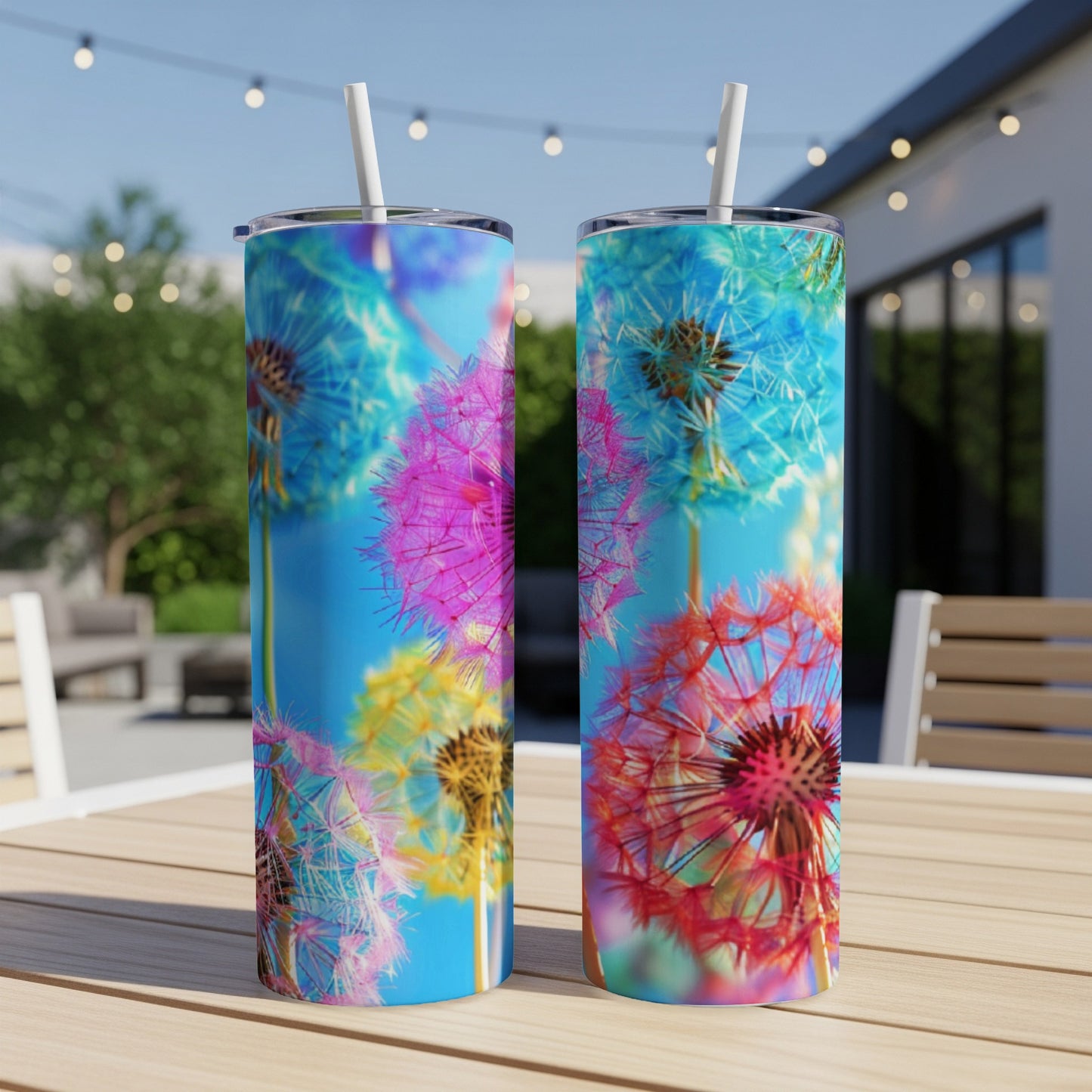 Two vibrant dandelion seed heads in pink and blue hues on a bright background.