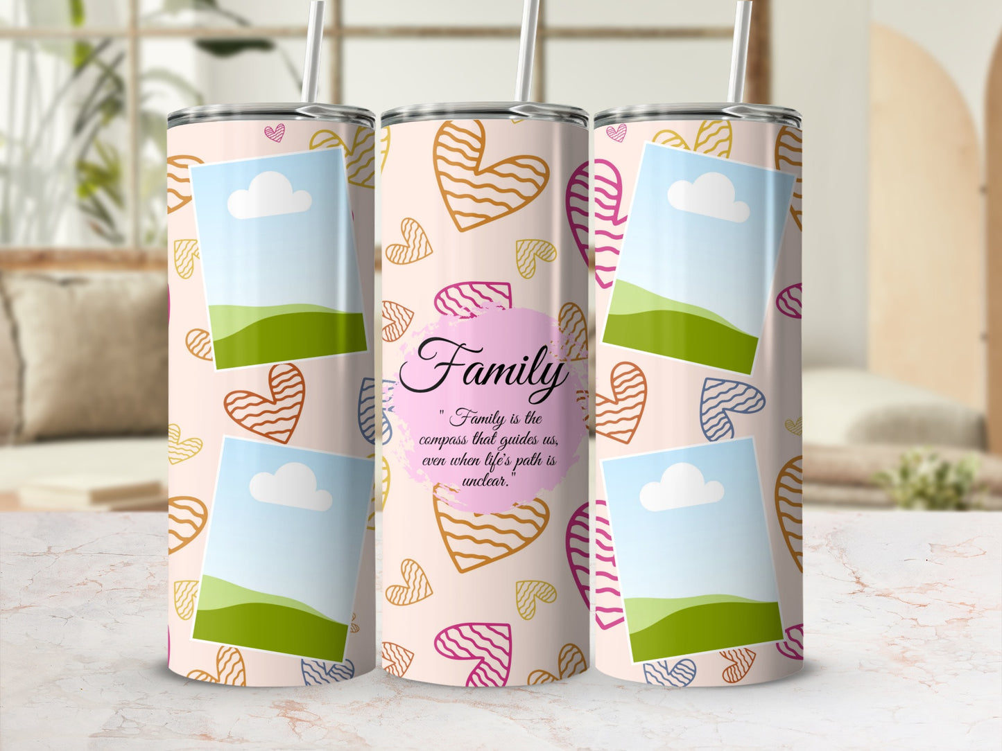 Tumbler with heart pattern, photo frames, and "Family" quote.