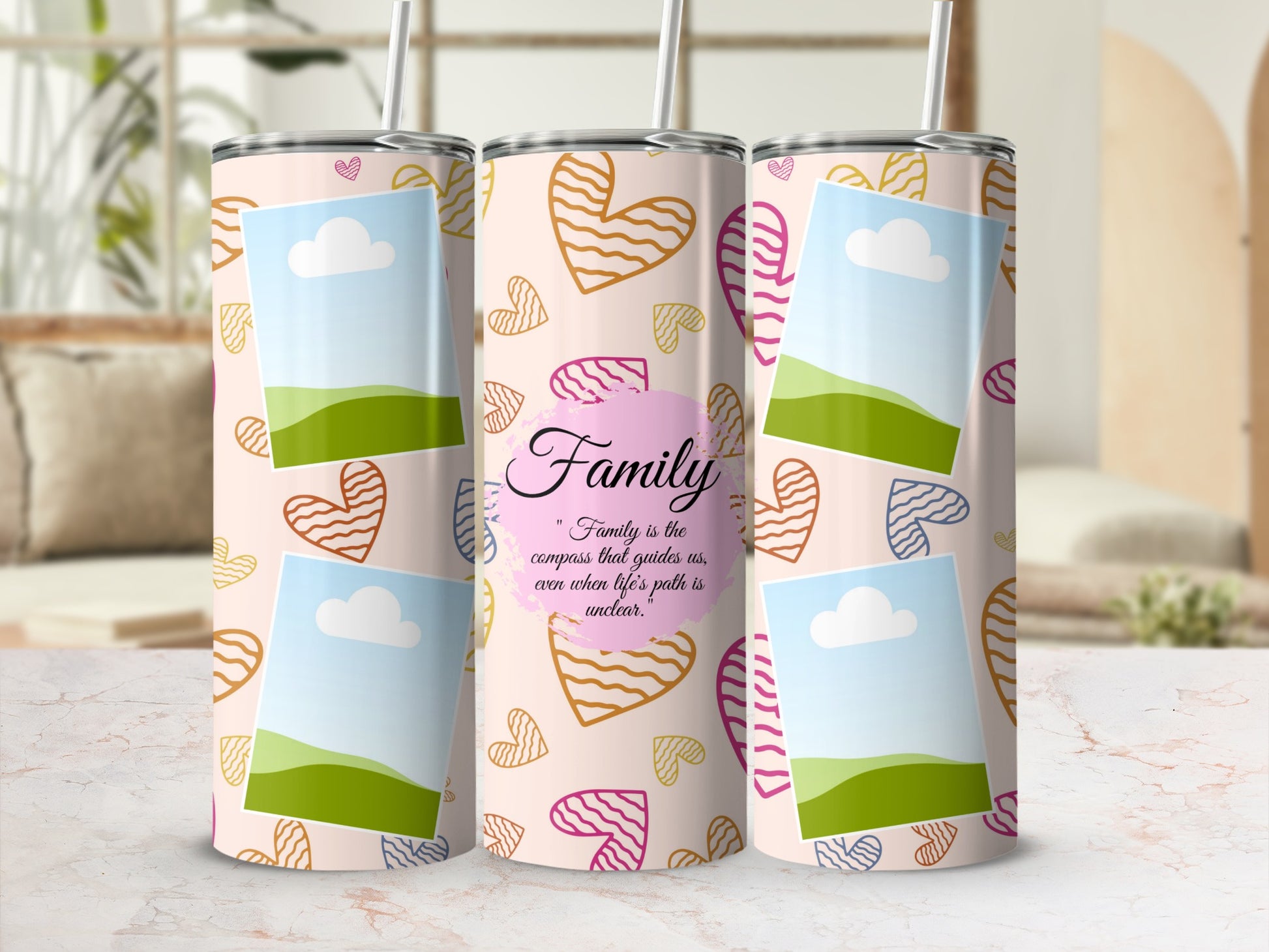 Tumbler with heart pattern, photo frames, and "Family" quote.