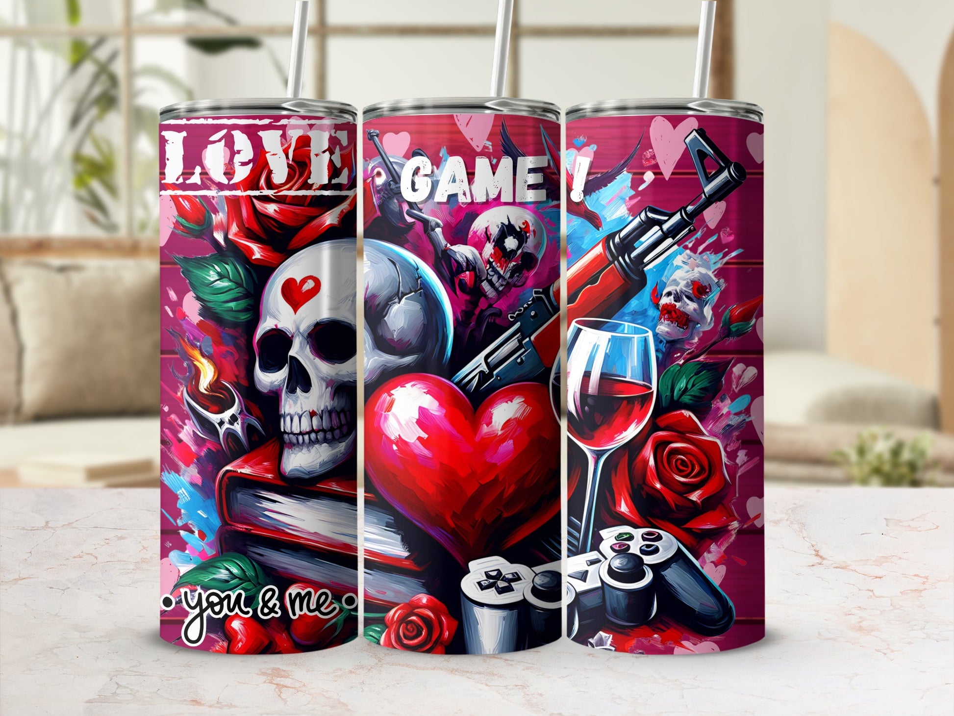 Love Game Skull Art Tumbler with Heart and Roses