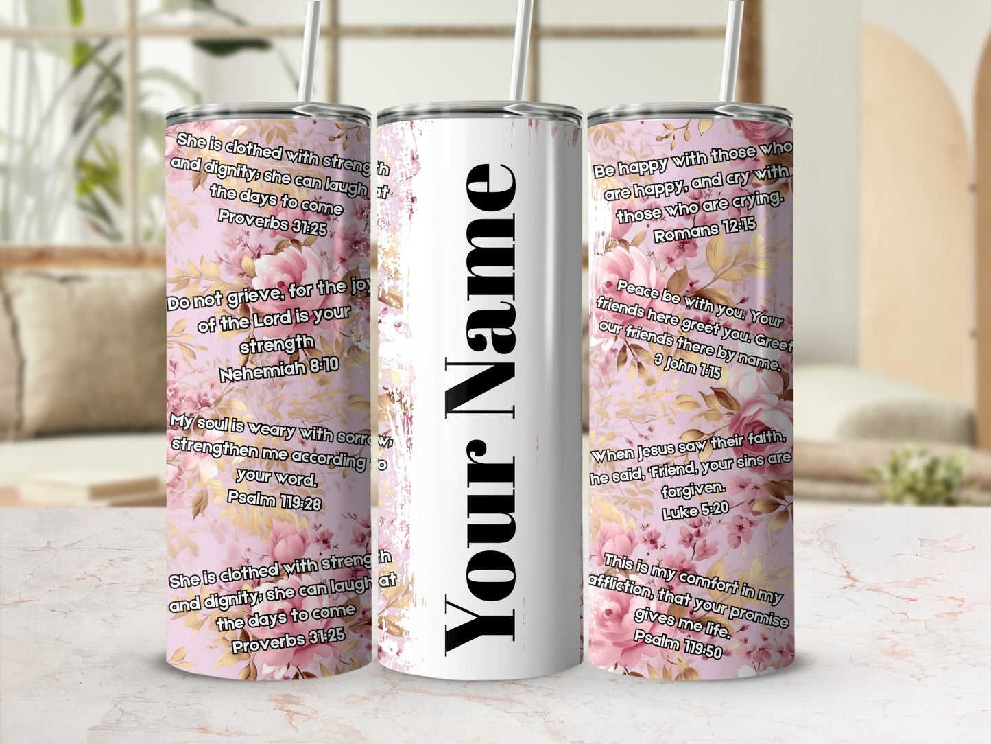 Floral Bible Verses Personalized Tumbler with Straw