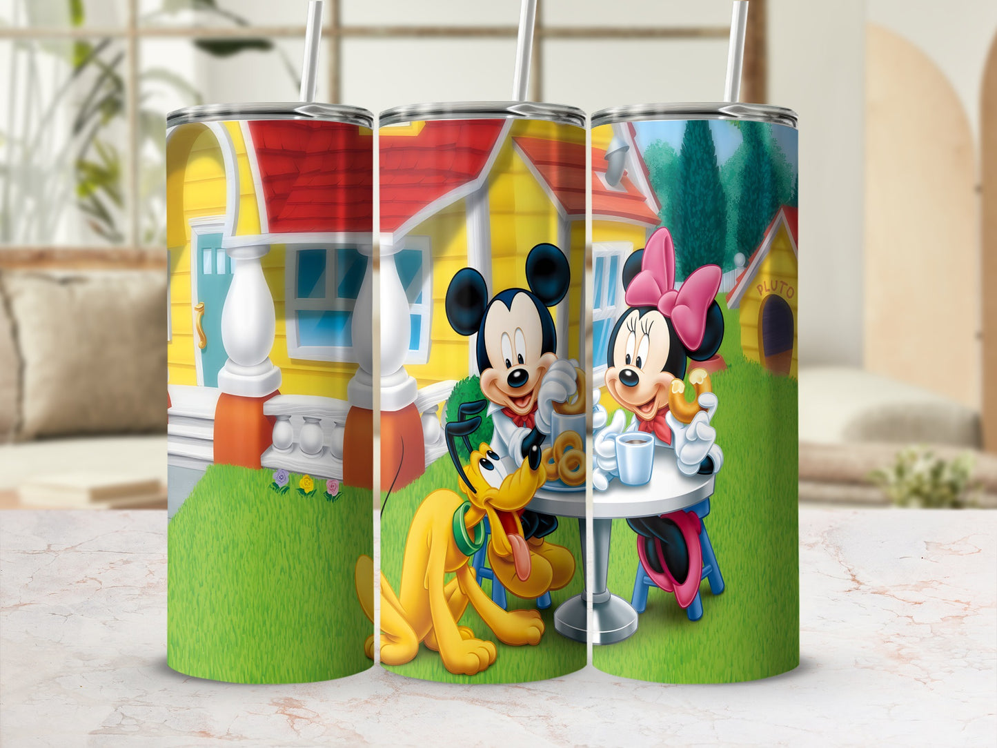 Mickey and Minnie Mouse with Pluto in front of a yellow house.