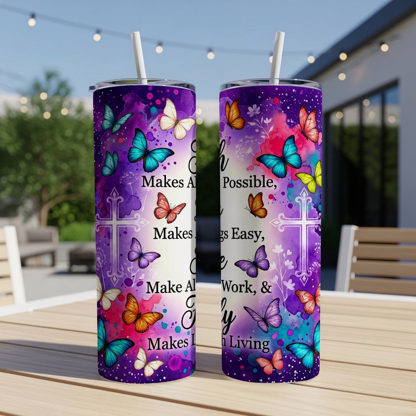 Two tumblers with butterflies and Christian scripture.