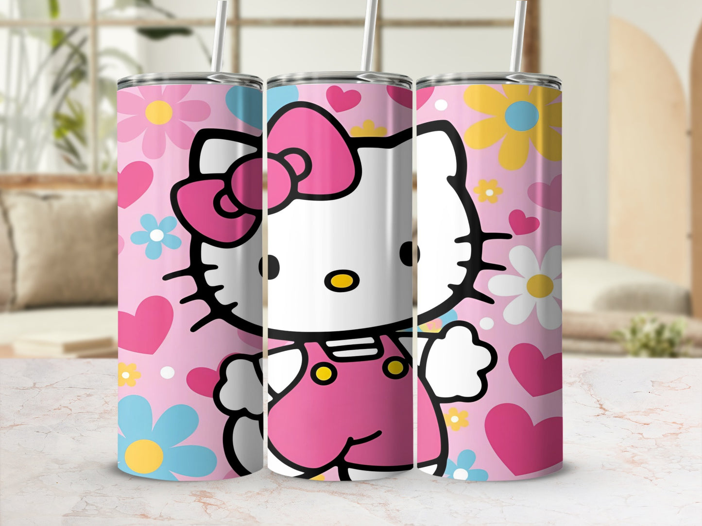 Hello Kitty in pink overalls on a pastel background with flowers.
