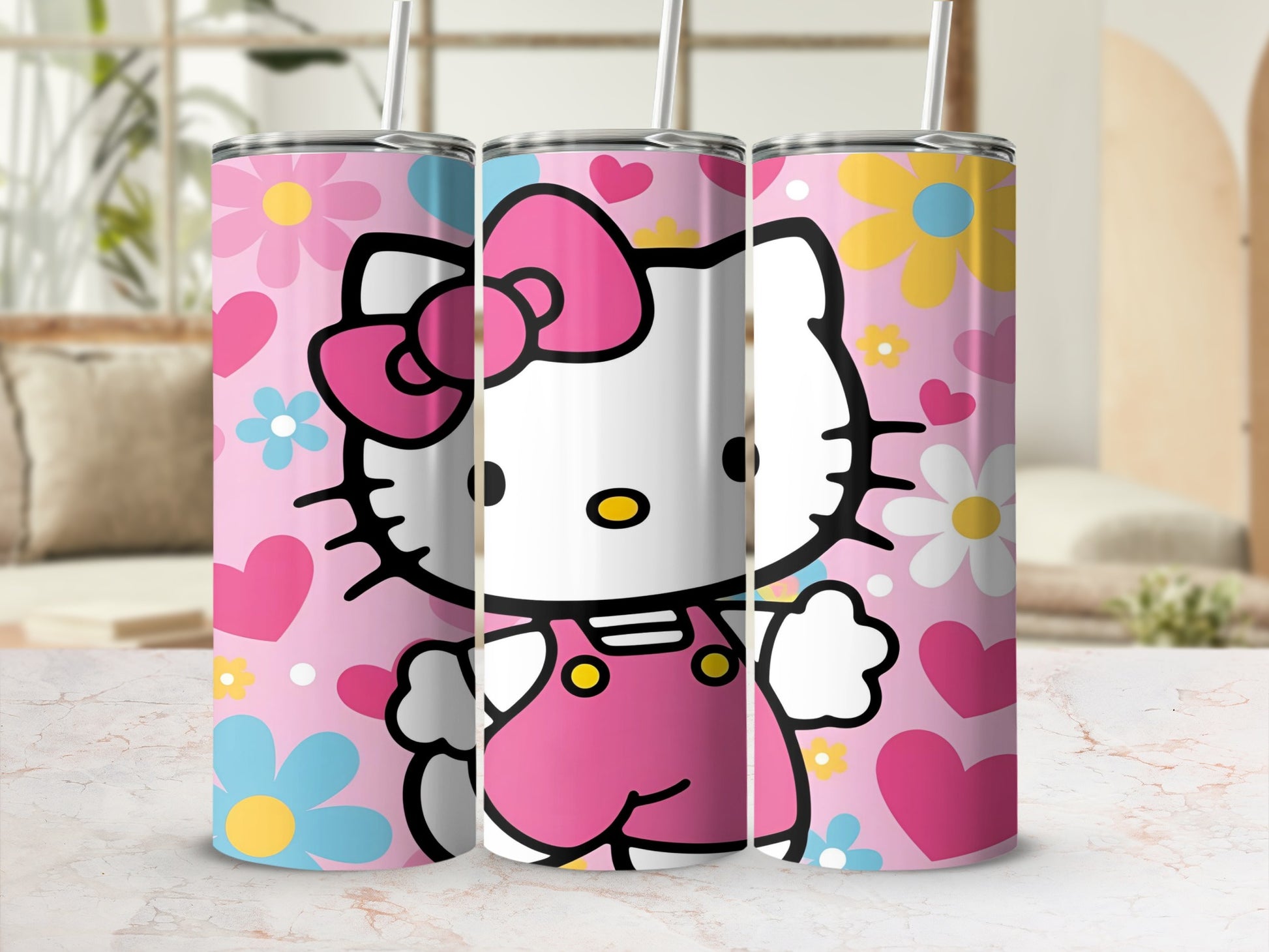 Hello Kitty in pink overalls on a pastel background with flowers.