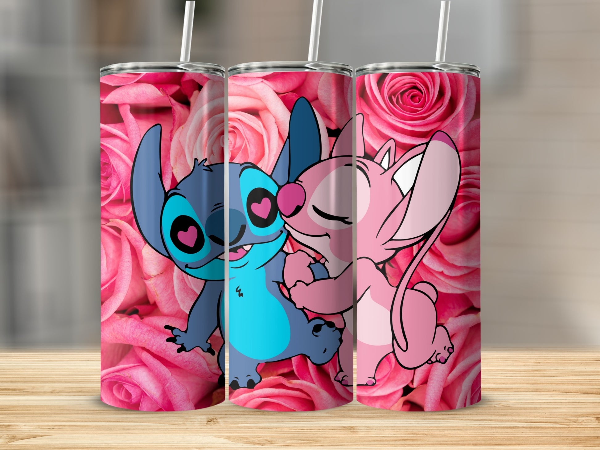 Cute Characters with Pink Roses Stainless Steel Tumbler
