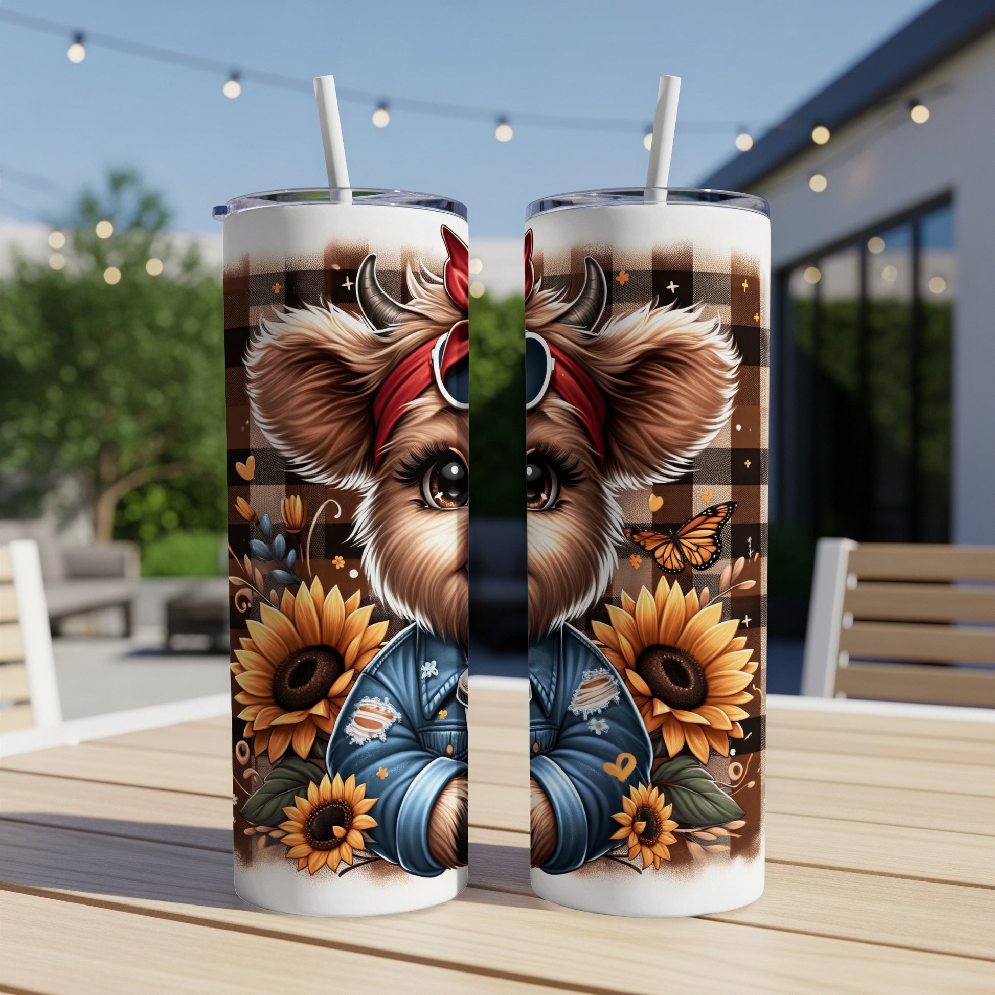 Two tumblers featuring a cartoon dog in a denim jacket and sunflowers.