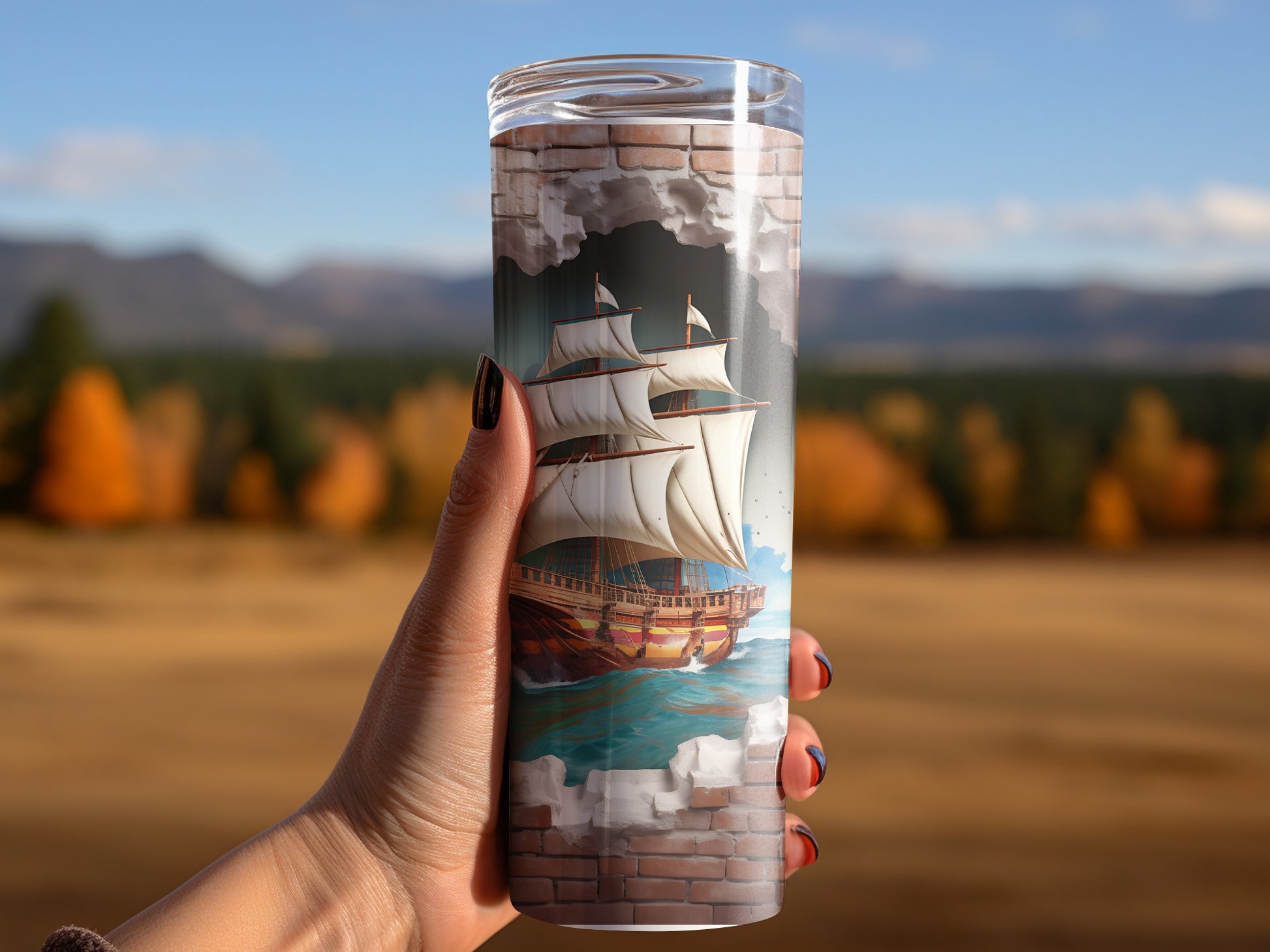 Hand-Painted Ship Tumbler with Brick Wall Design