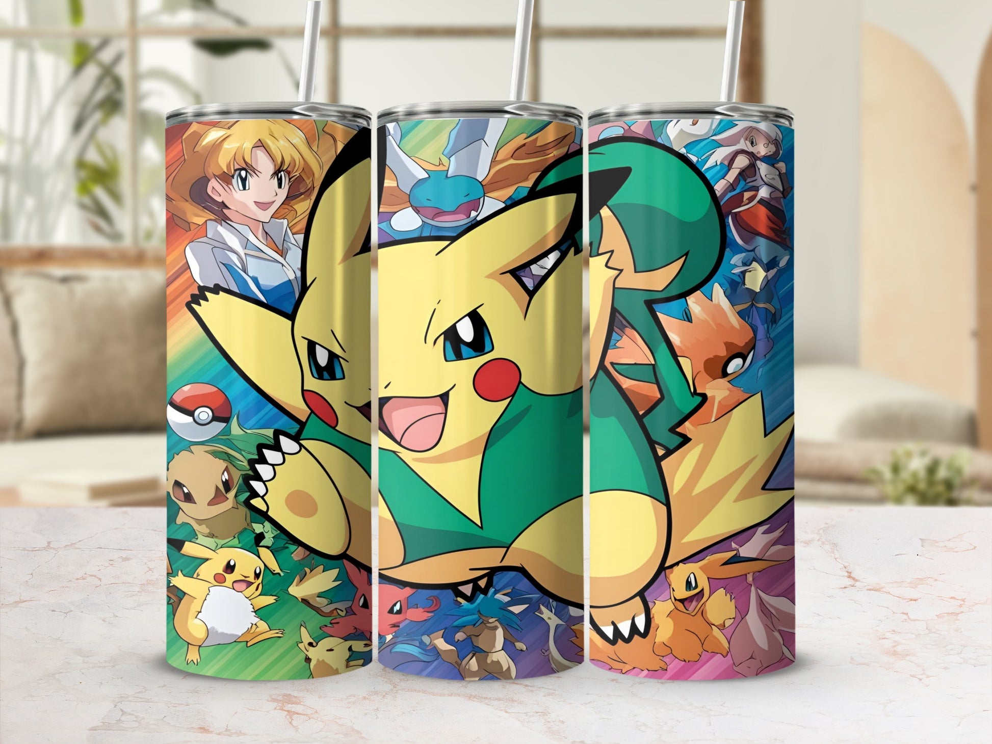 Pikachu and other Pokémon characters on a colorful tumbler with a straw.
