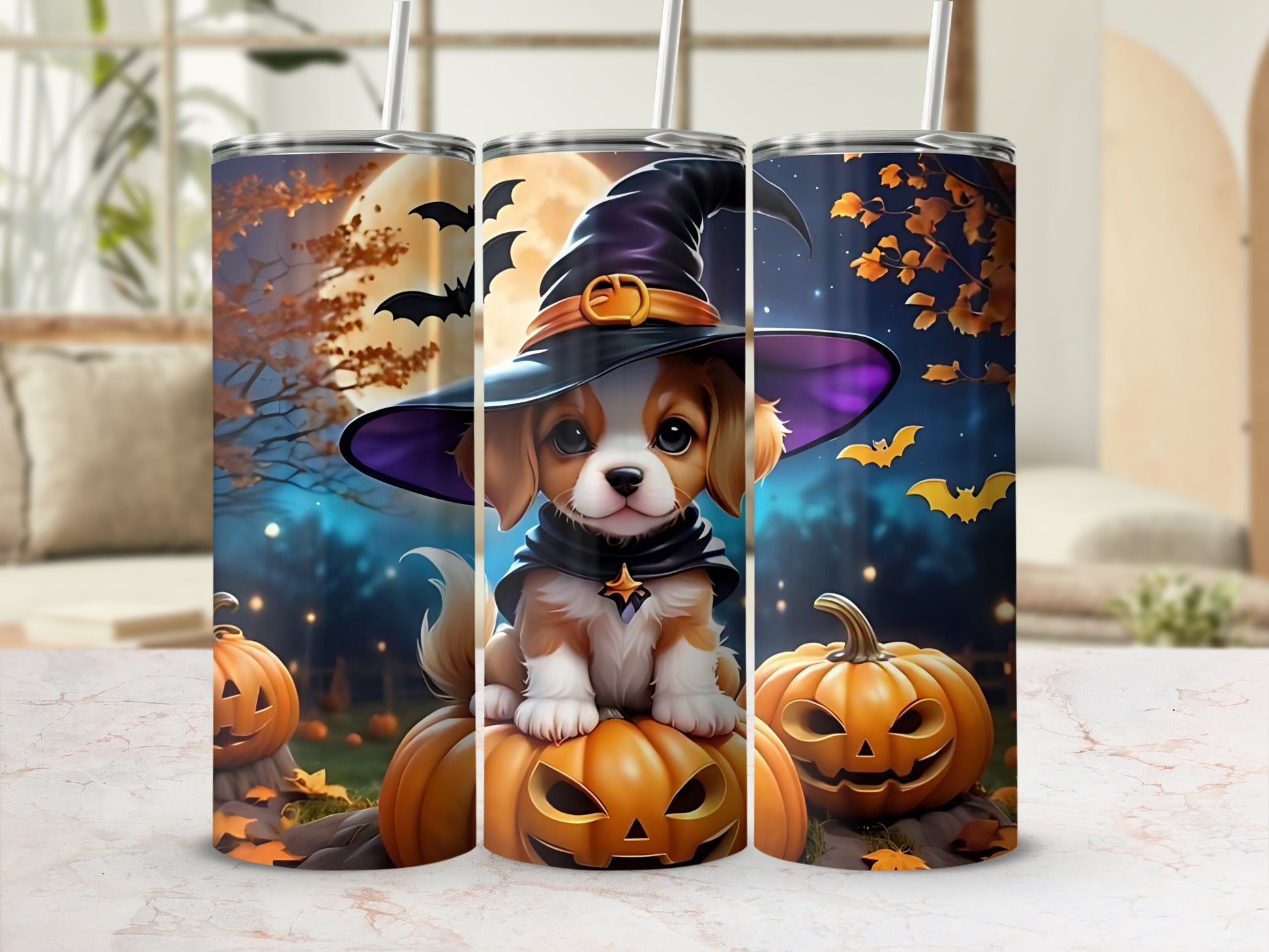 Halloween tumbler with a dog in a witch hat on a pumpkin.