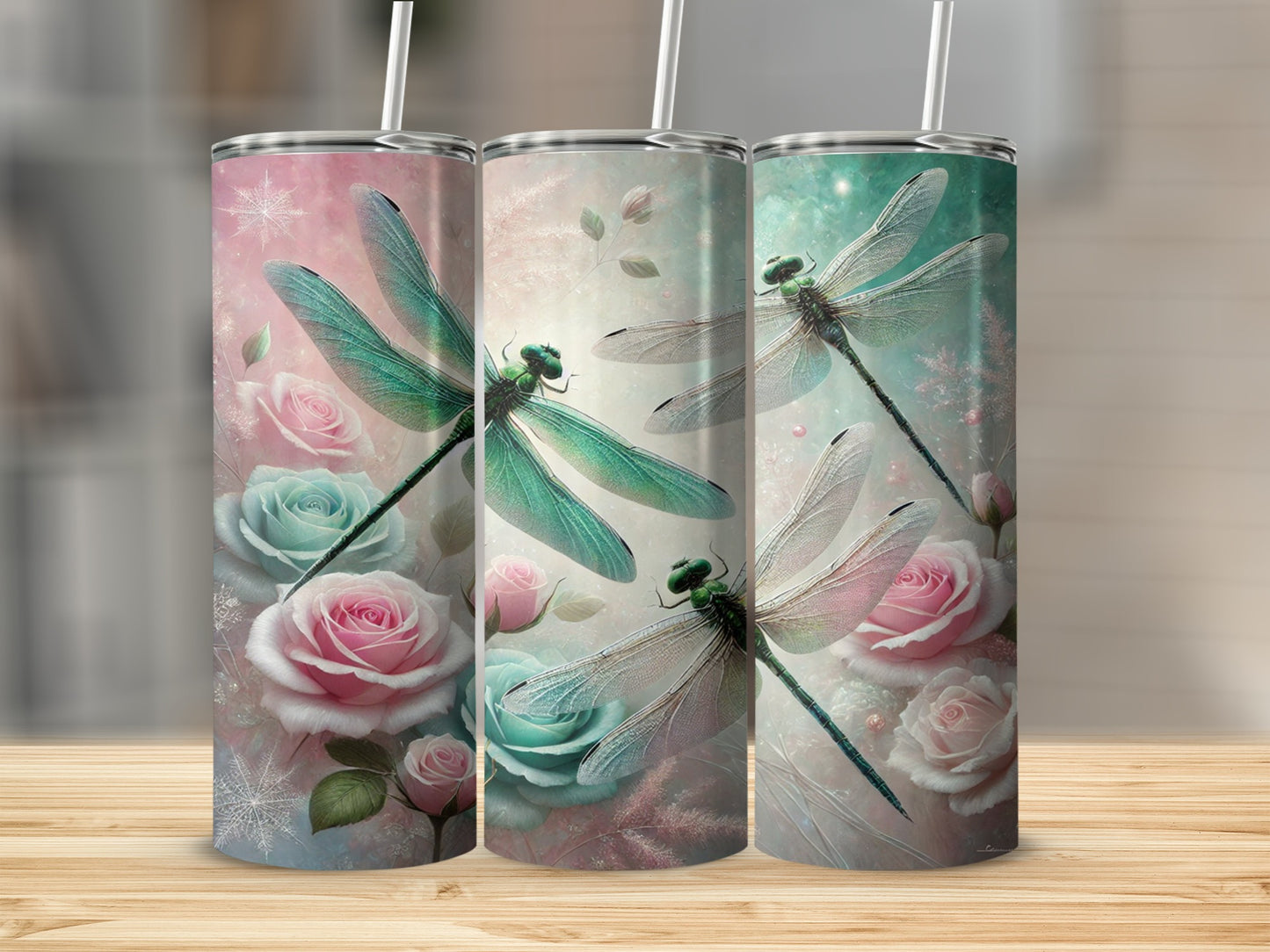 Beautiful Dragonfly and Rose Design Tumbler