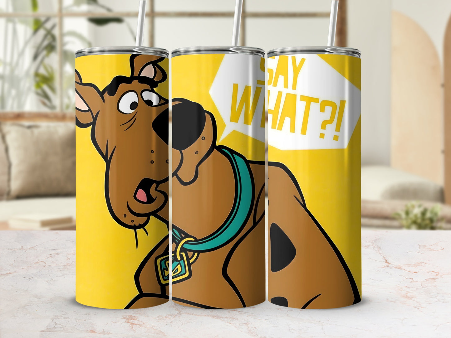 Scooby-Doo character with "SAY WHAT?!" speech bubble on a yellow tumbler.