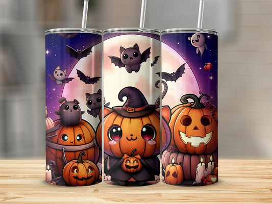 Halloween tumblers with cute pumpkins, ghosts, bats, and a full moon.