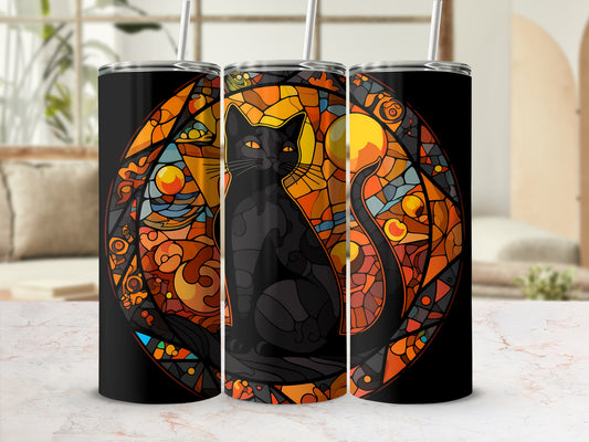 Black cat in stained-glass-style circle with moon and geometric patterns.