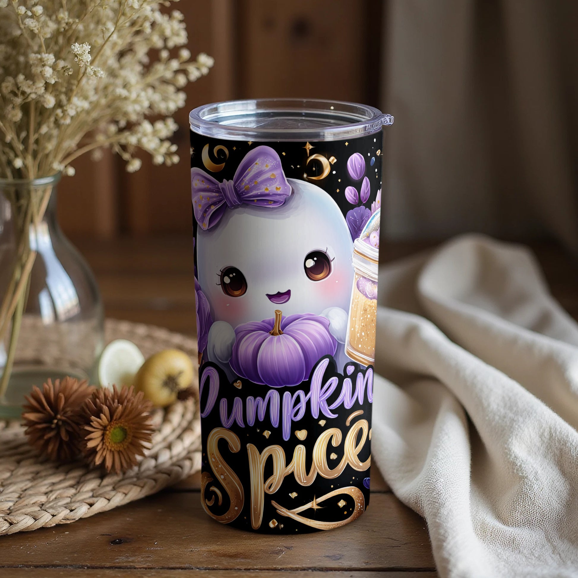 Adorable Pumpkin Spice Tumbler with Cute Ghost Design