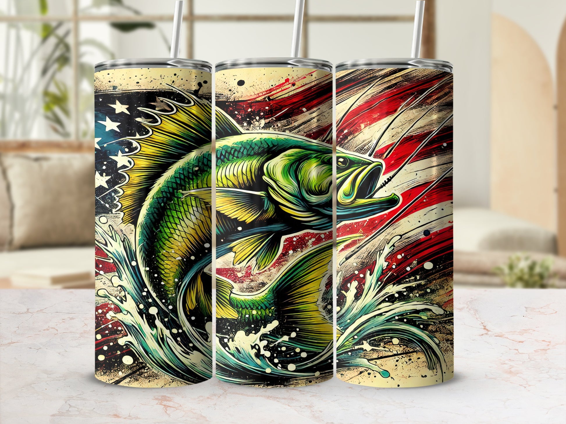 Bass fish leaping from water with American flag design.