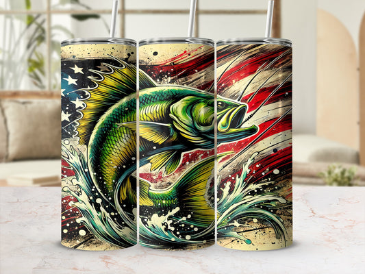 Bass fish leaping from water with American flag design.