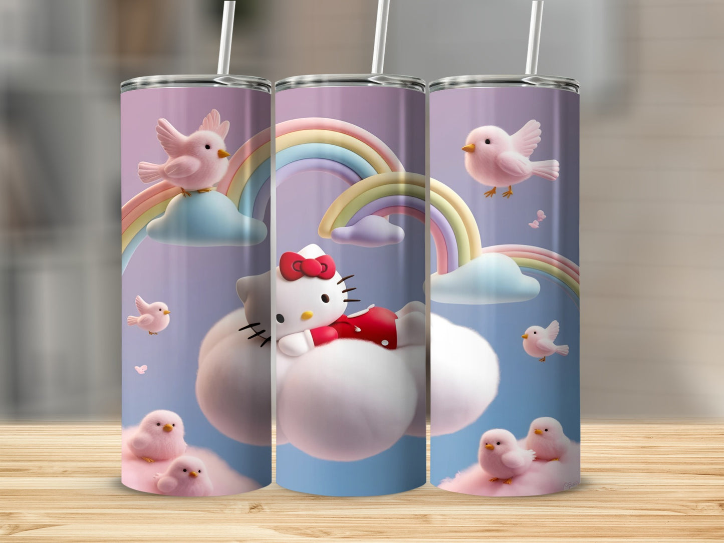 Hello Kitty on clouds with rainbows and birds.