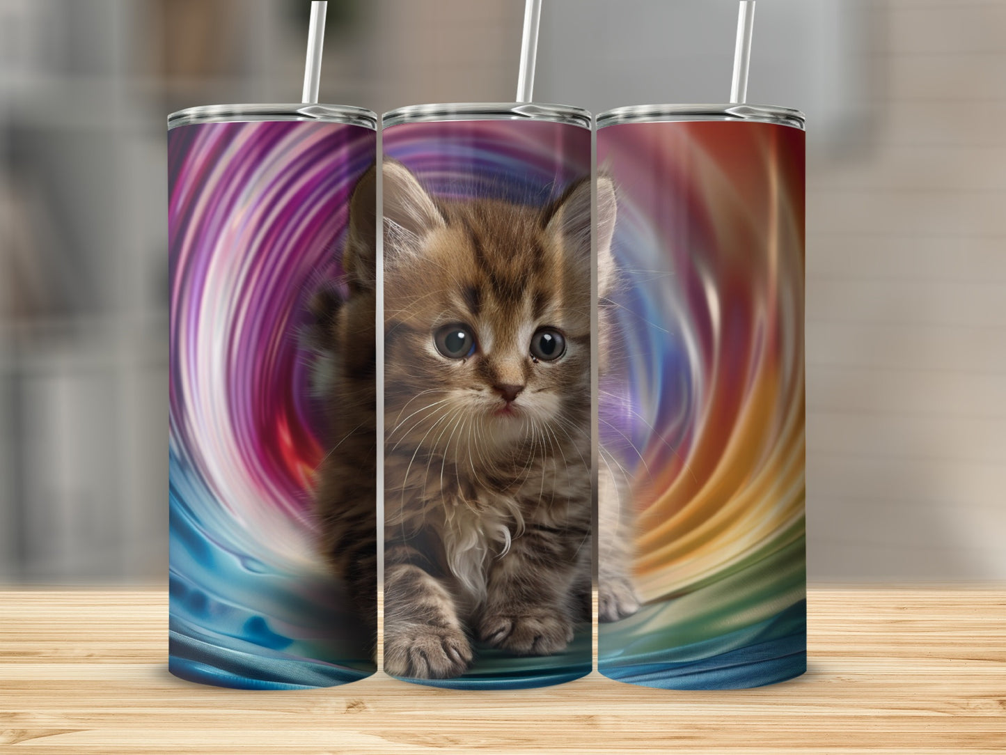 Fluffy kitten in swirling rainbow background on three tumbler cups.