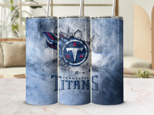 Tennessee Titans logo and text on a blue and white grunge textured tumbler.