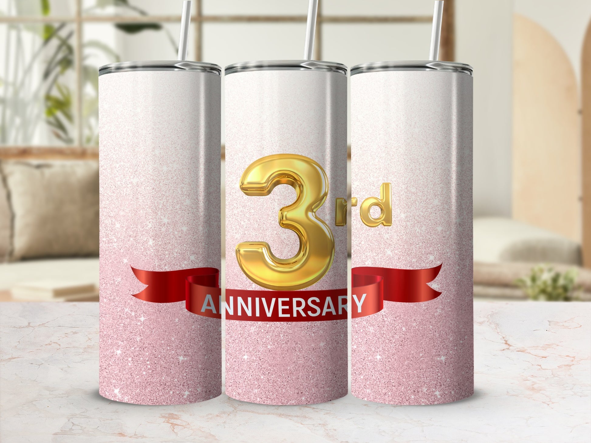 Gold "3rd Anniversary" text on glittery pink and white tumblers.