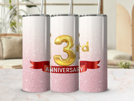 Gold "3rd Anniversary" text on glittery pink and white tumblers.