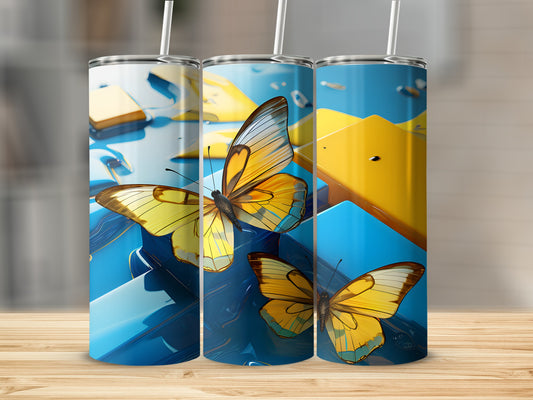 Three tall tumblers with yellow butterflies on a blue abstract background.