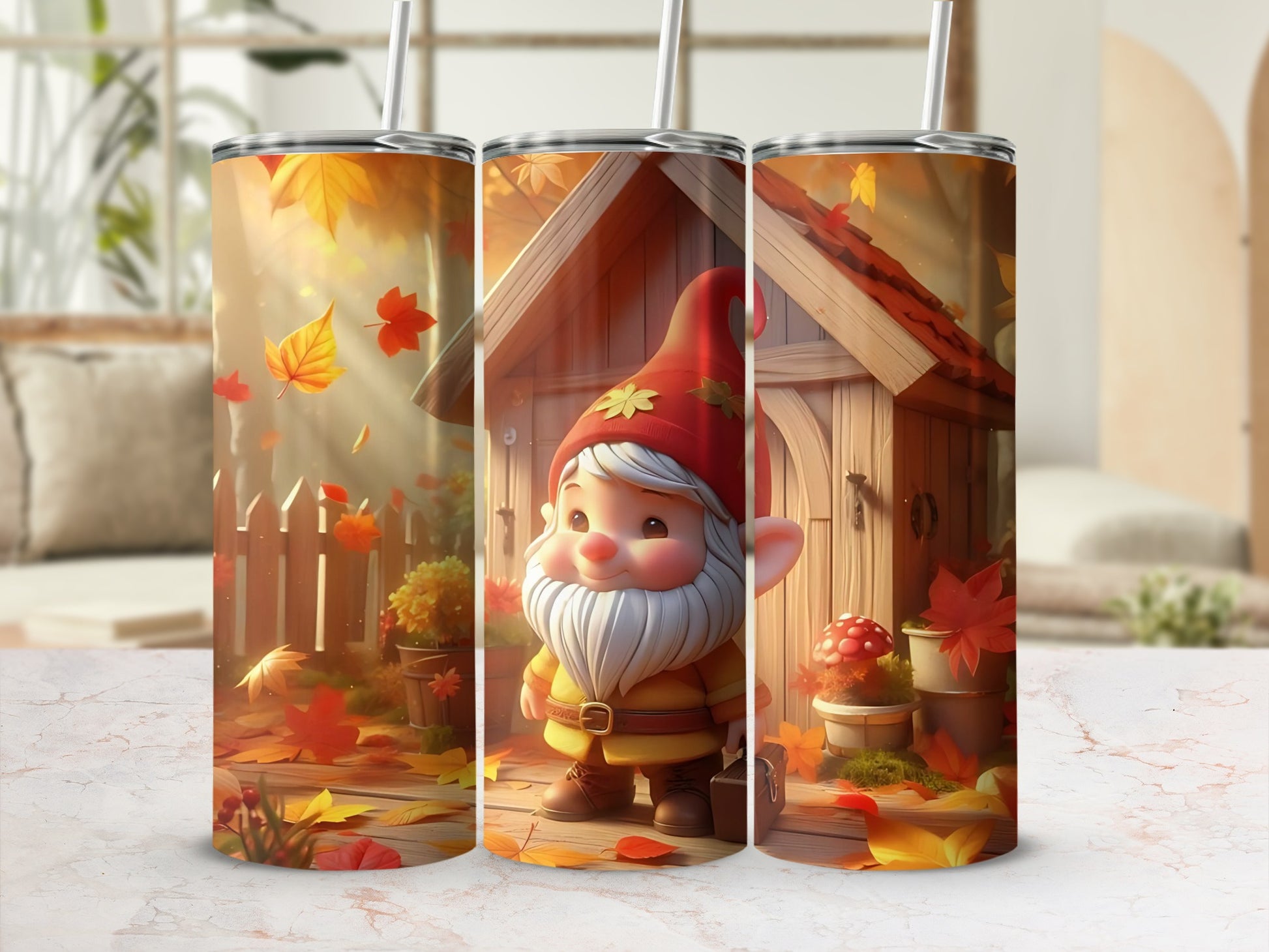 Autumn Pumpkin Gnome Scene Tumbler with Straw