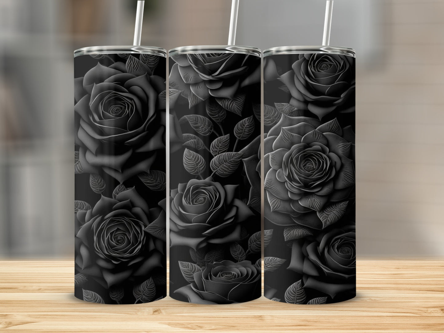 Elegant Black Floral Design Tumbler with Straw