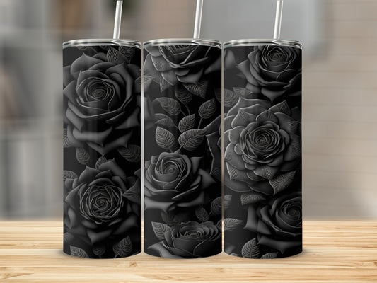 Elegant Black Floral Design Tumbler with Straw