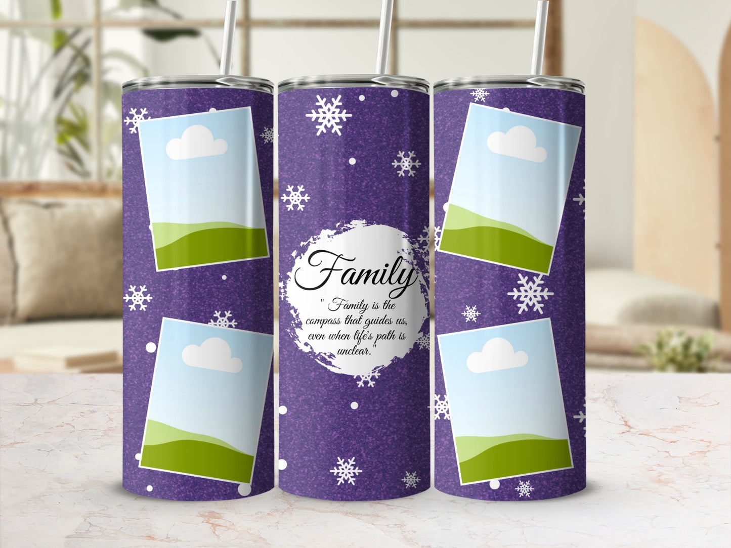 Purple tumbler with snowflakes, photo frames, and "Family is the compass" quote.