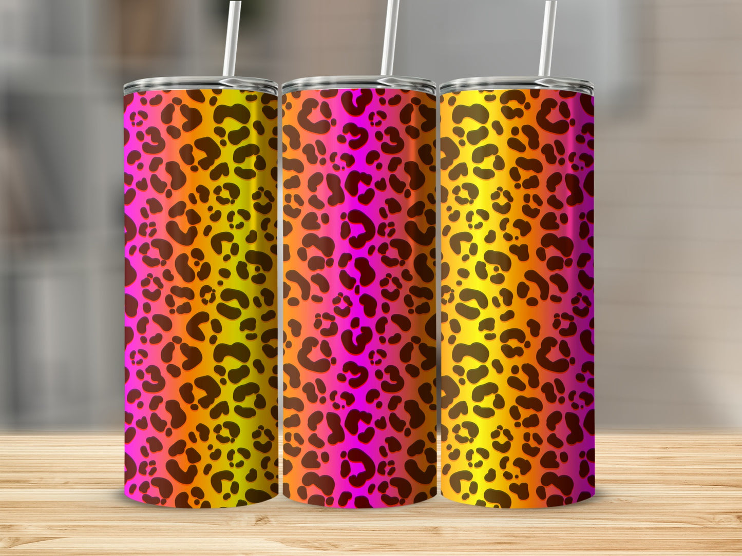 Neon Leopard Print Patterned Tumbler with Straw Product