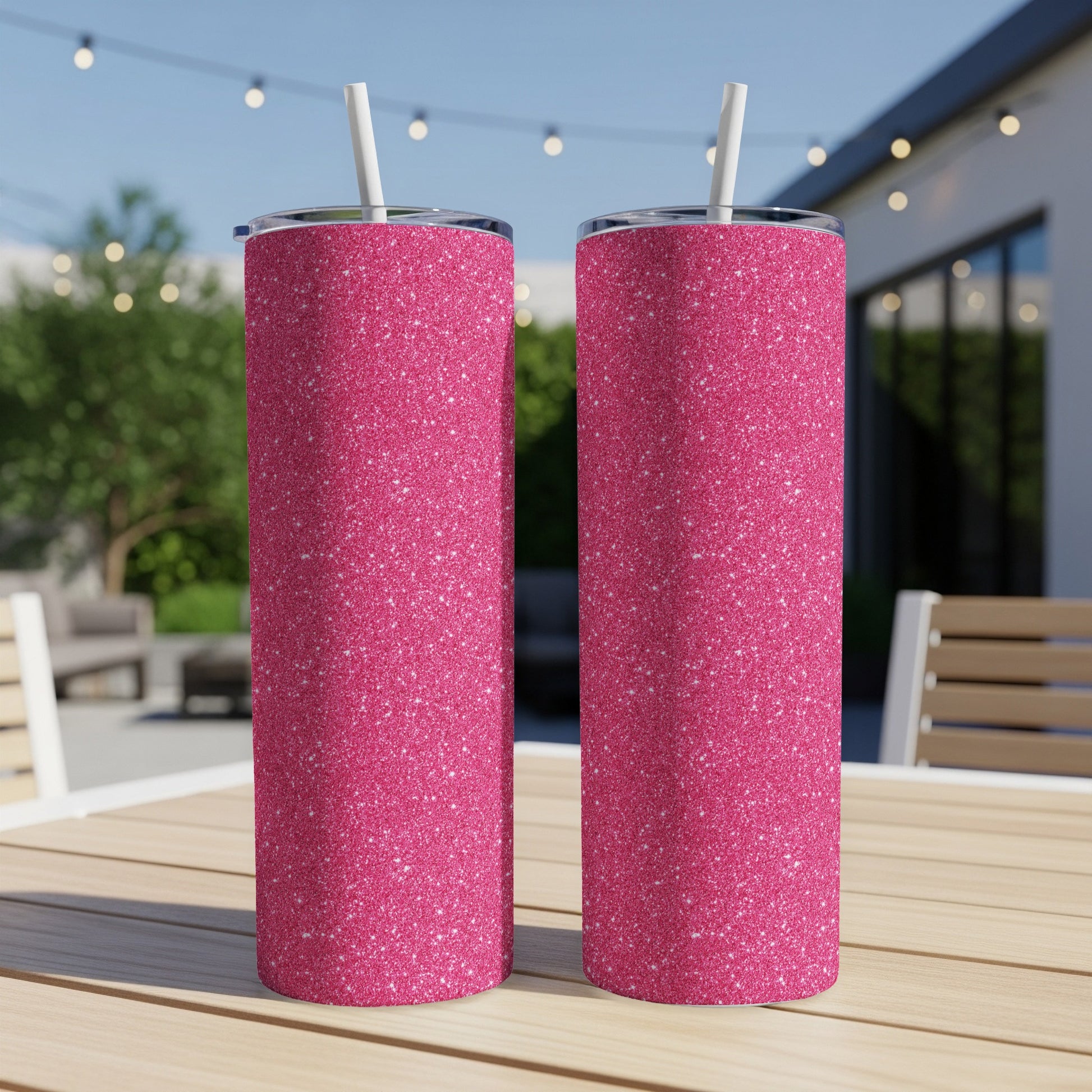 Two pink glitter tumblers with white straws sit on a wooden table.