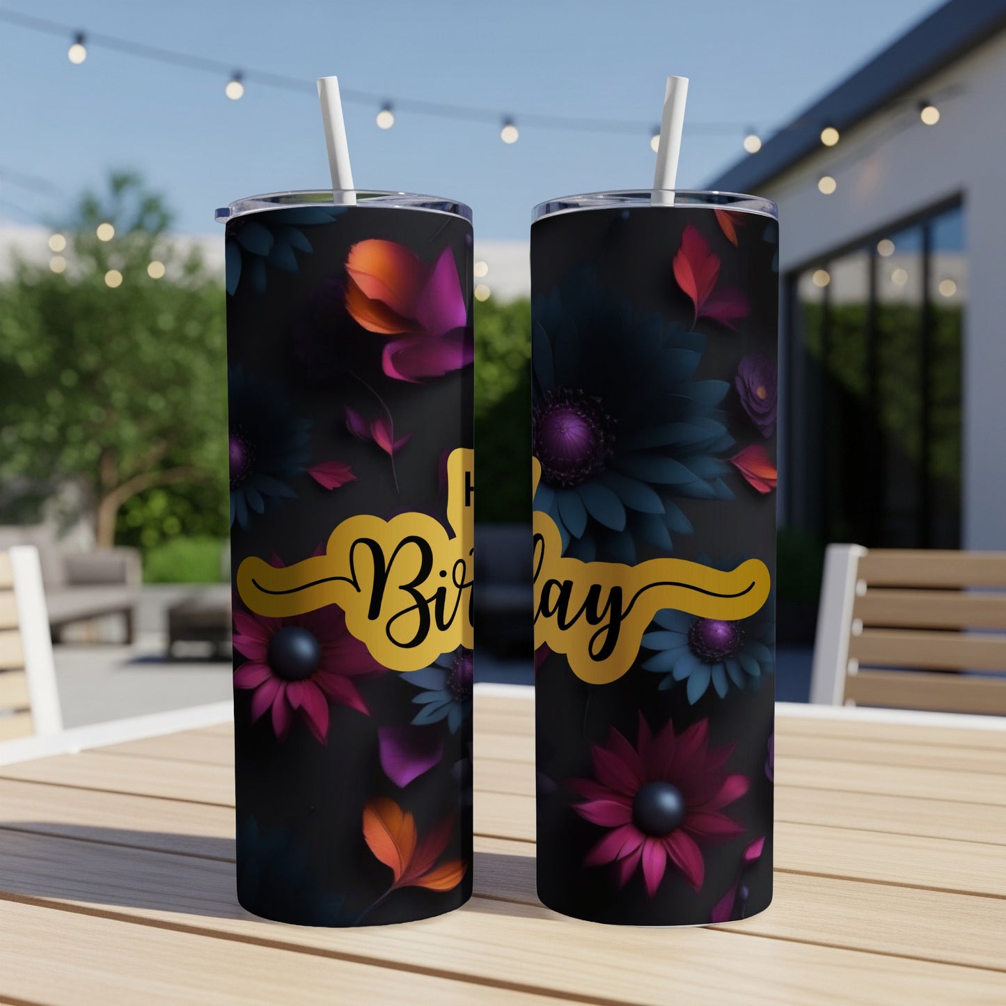 Two tumblers with "Happy Birthday" text and floral designs.