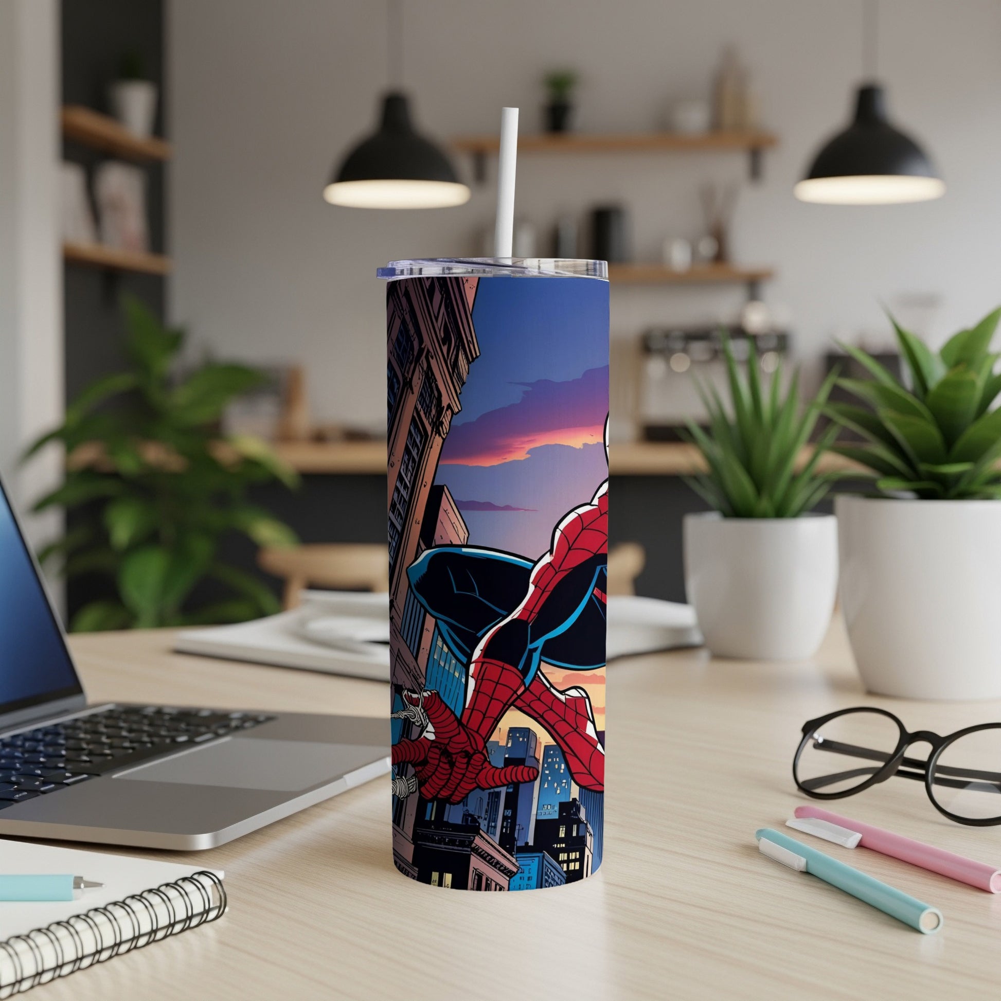 Spider-Man in action against a city skyline on a tall, insulated tumbler.