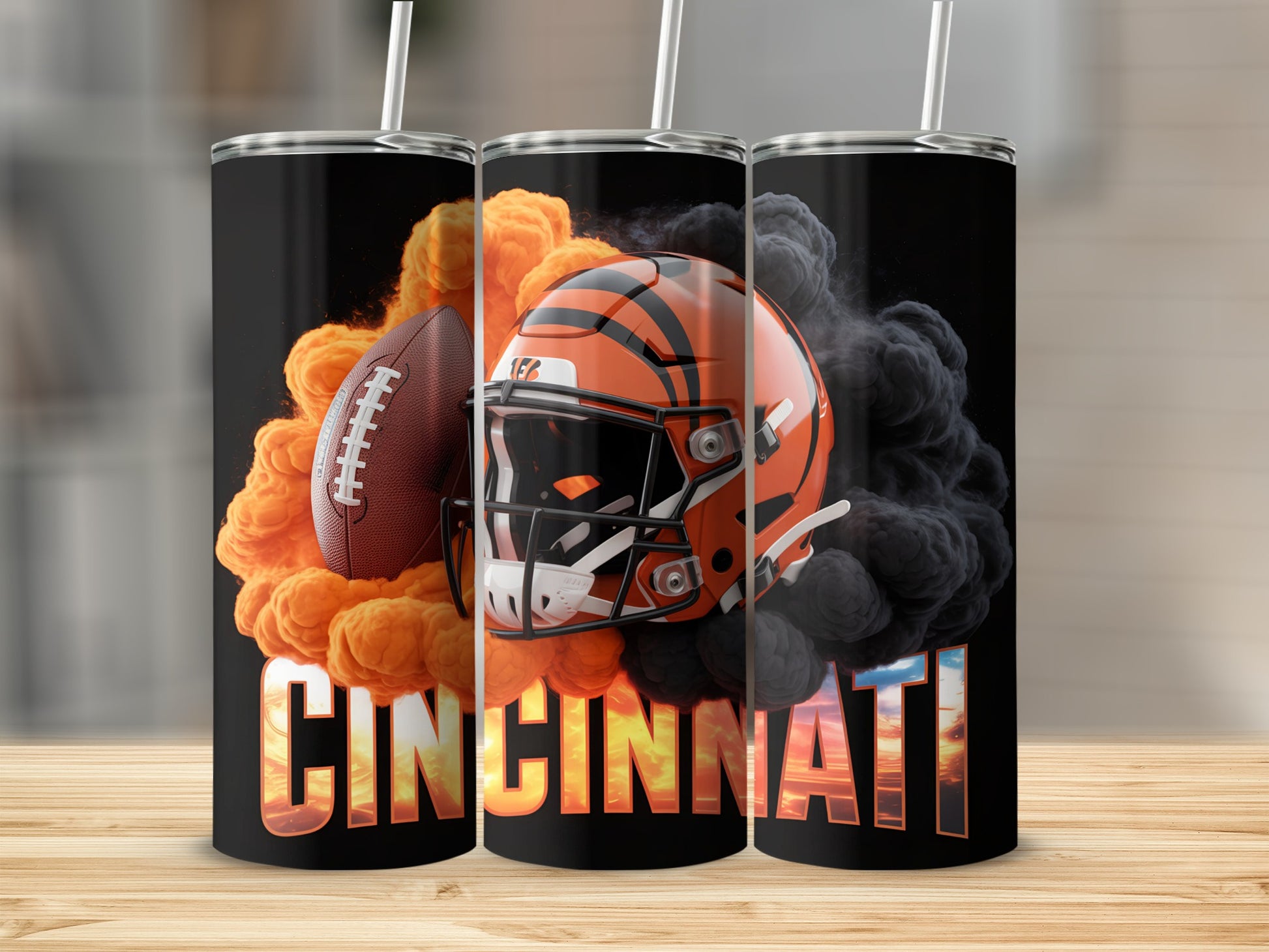 Cincinnati Bengals football helmet with orange and black smoke.